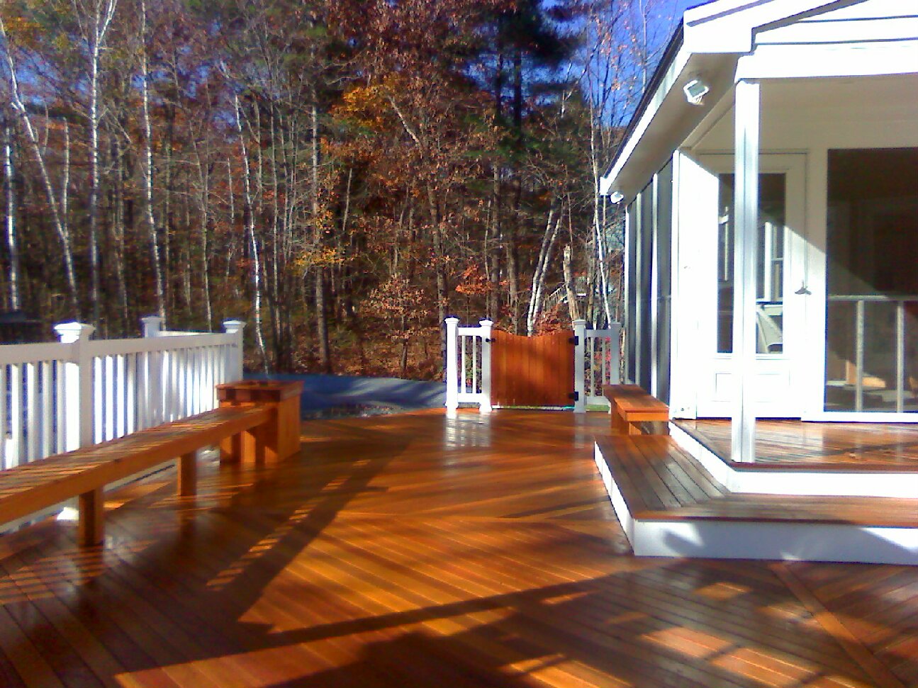 Mahogany Floor with Pergola and Hot Tub:&nbsp; Vinyl Rails & Above Ground Pool;  Custom Benches, Flower Planters, & Gates (Townsend)