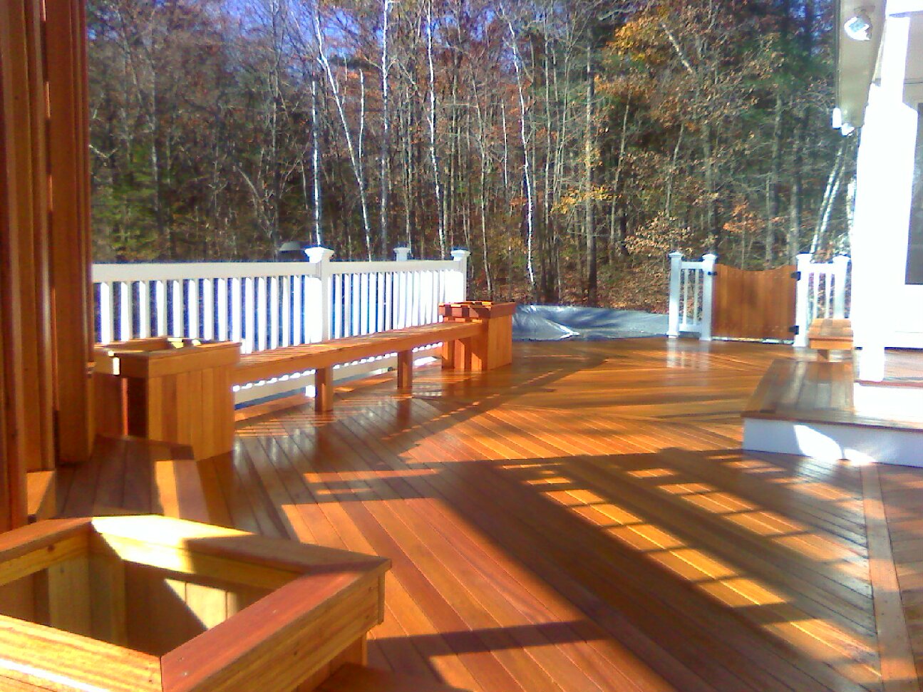 Mahogany Floor with Pergola and Hot Tub:&nbsp; Vinyl Rails & Above Ground Pool;  Custom Benches, Flower Planters, & Gates (Townsend)